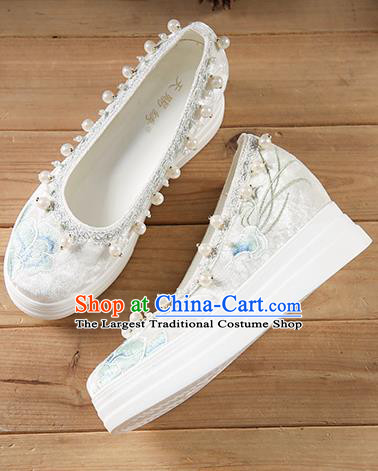 China Hanfu Shoes Embroidered Peony Shoes White Cloth Shoes Pearls Shoes