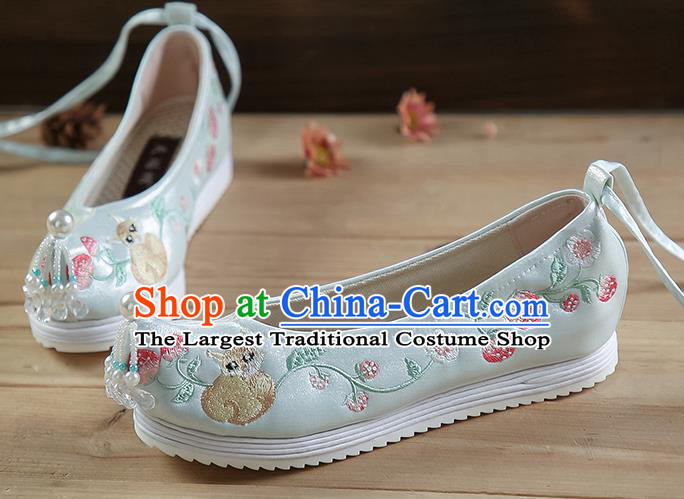 China Light Green Satin Shoes Beads Tassel Shoes Hanfu Shoes Embroidered Strawberry Squirrel Shoes
