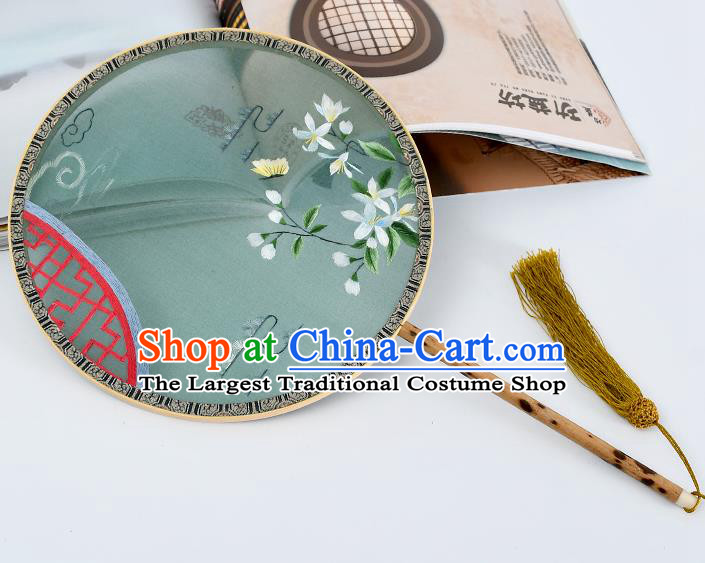 China Classical Green Silk Fan Traditional Embroidered Flowers Butterfly Fan Handmade Mottled Bamboo Palace Fan