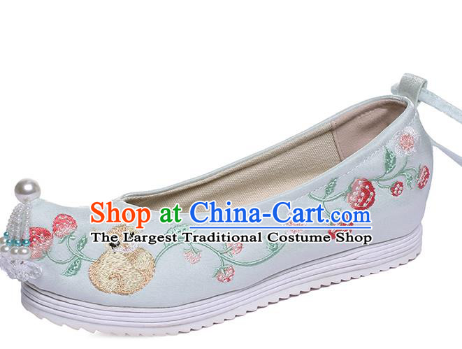 China Light Green Satin Shoes Beads Tassel Shoes Hanfu Shoes Embroidered Strawberry Squirrel Shoes