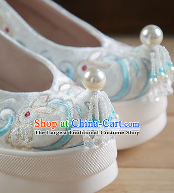 China White Velvet Shoes Traditional Hanfu Shoes Embroidered Rabbit Platform Shoes