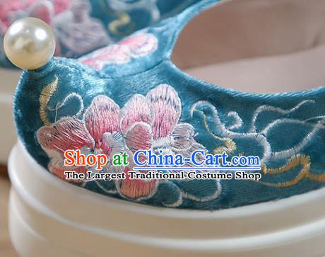 China Blue Velvet Shoes Traditional Hanfu Pearl Shoes Embroidered Peony Platform Shoes