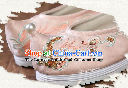 China Ancient Ming Dynasty Princess Shoes Traditional Hanfu Pink Satin Shoes Embroidered Sequins Butterfly Shoes