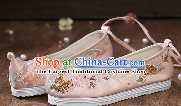China Ancient Ming Dynasty Princess Shoes Traditional Hanfu Pink Satin Shoes Embroidered Sequins Butterfly Shoes