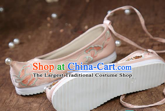 China Ancient Ming Dynasty Princess Shoes Traditional Hanfu Pink Satin Shoes Embroidered Sequins Butterfly Shoes