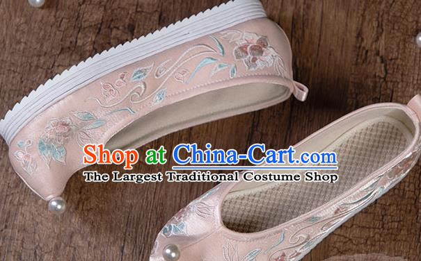 China Ancient Princess Shoes Traditional Hanfu Pink Cloth Shoes Ming Dynasty Embroidered Lotus Shoes