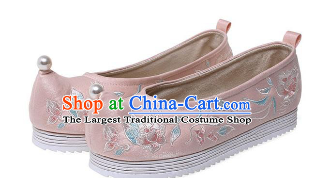 China Ancient Princess Shoes Traditional Hanfu Pink Cloth Shoes Ming Dynasty Embroidered Lotus Shoes
