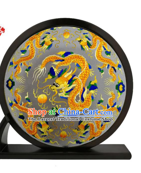 China Traditional Suzhou Embroidery Dragon Desk Screen Round Blackwood Table Screen