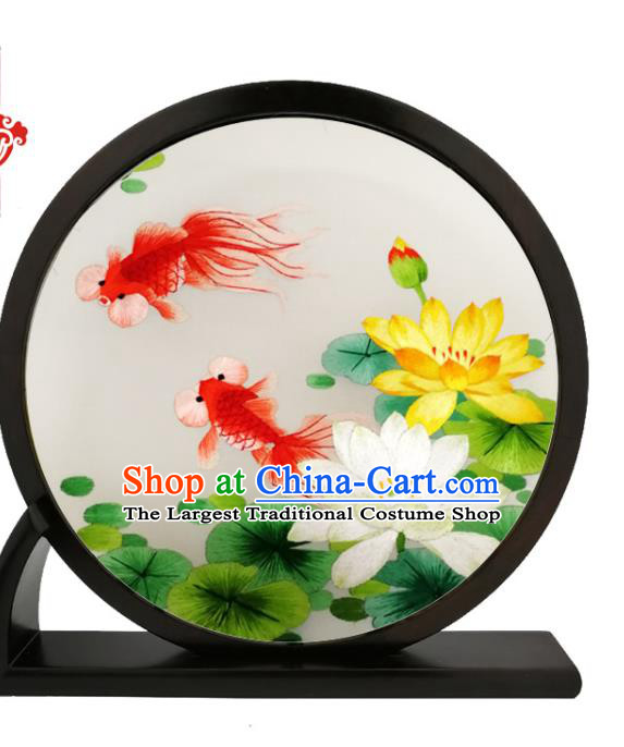 China Blackwood Round Table Screen Traditional Suzhou Embroidery Lotus Goldfish Desk Screen