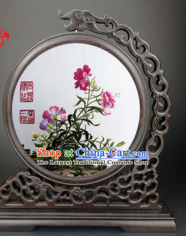 China Wenge Carving Dragon Table Screen Traditional Suzhou Embroidery Flowers Desk Screen