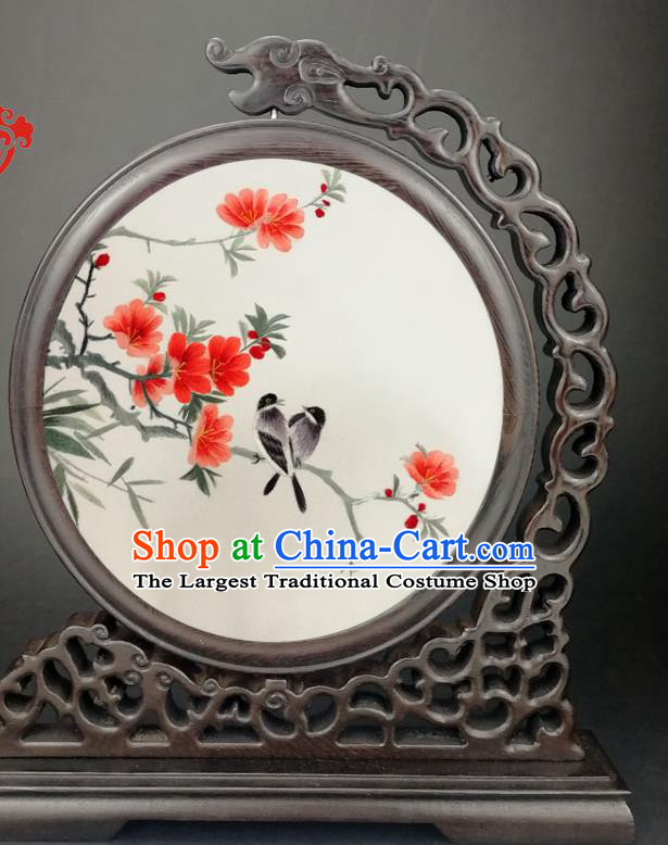 China Handmade Wenge Carving Dragon Table Screen Traditional Embroidery Begonia Desk Screen