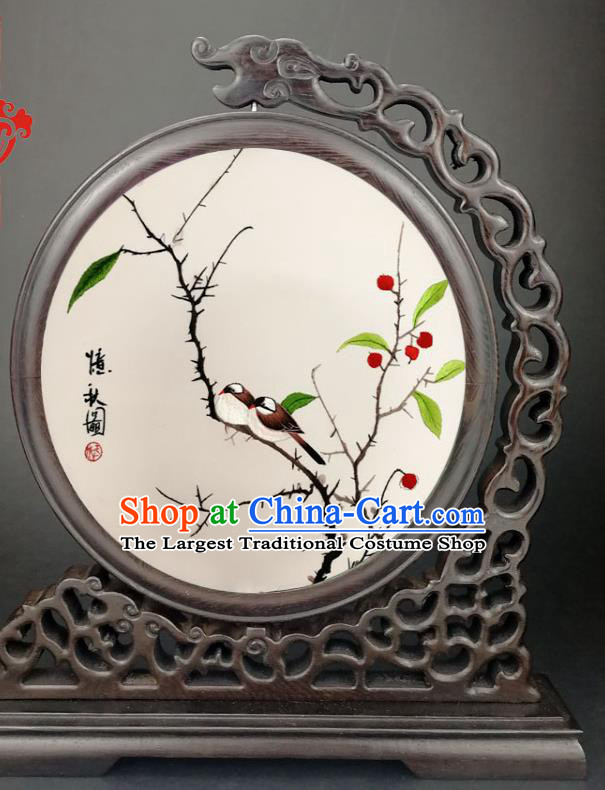 China Handmade Wenge Panel Screen Traditional Embroidery Autumnal Scenery Table Screen