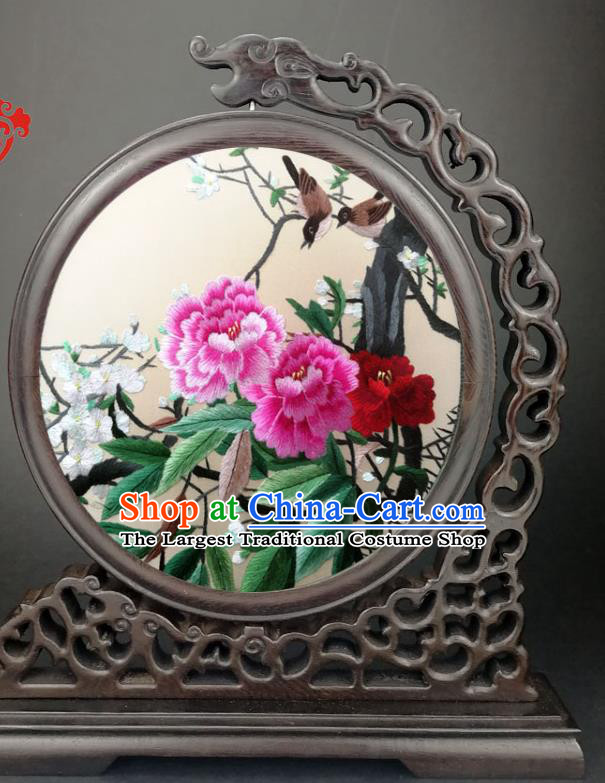 China Handmade Embroidered Peony Plum Wenge Table Screen Traditional Suzhou Embroidery Craft
