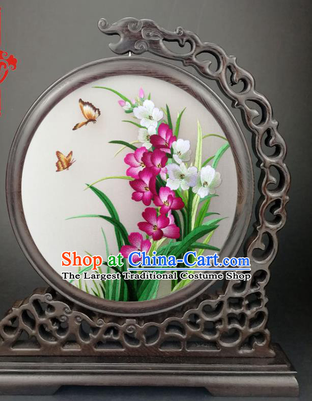 Chinese Traditional Suzhou Embroidered Orchids Table Screen Handmade Wenge Screen