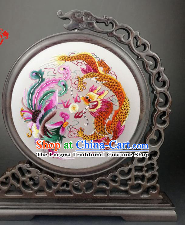 Chinese Suzhou Embroidered Dragon Phoenix Table Screen Traditional Wenge Carving Little Furniture