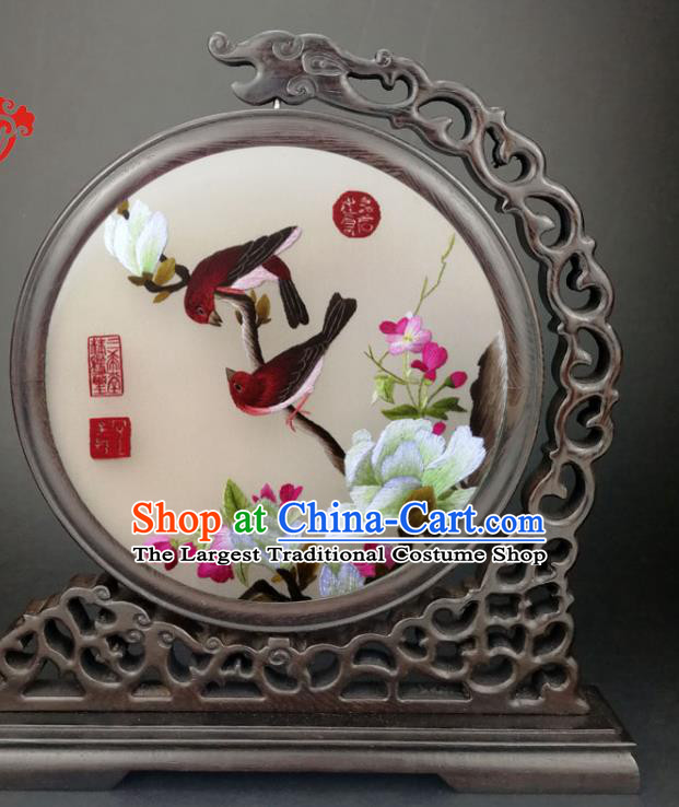 Chinese Traditional Wenge Table Decorative Screen Double Side Embroidered Mangnolia Birds Painting Desk Screen