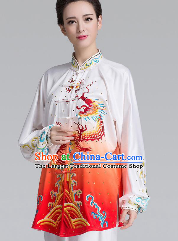 China Traditional Martial Arts Embroidered Dragon Gradient Red Uniforms Woman Kung Fu Tai Chi Clothing