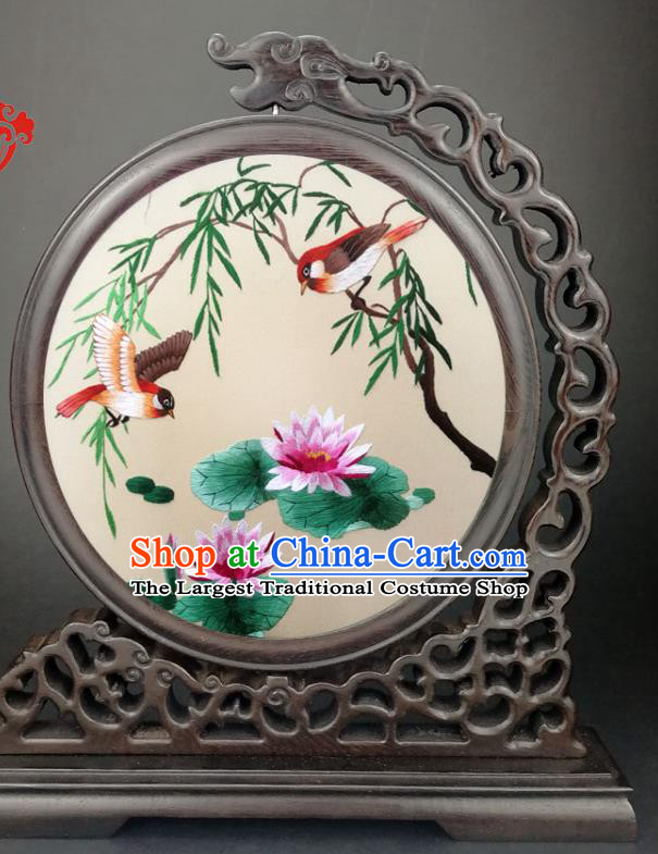 Chinese Suzhou Embroidered Lotus Table Screen Traditional Wenge Screen Handmade Double Side Silk Screen