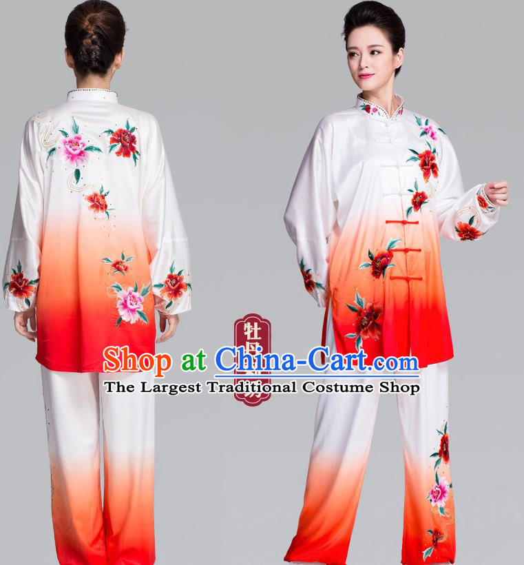 China Kung Fu Competition Clothing Traditional Martial Arts Embroidered Peony Gradient Red Uniforms