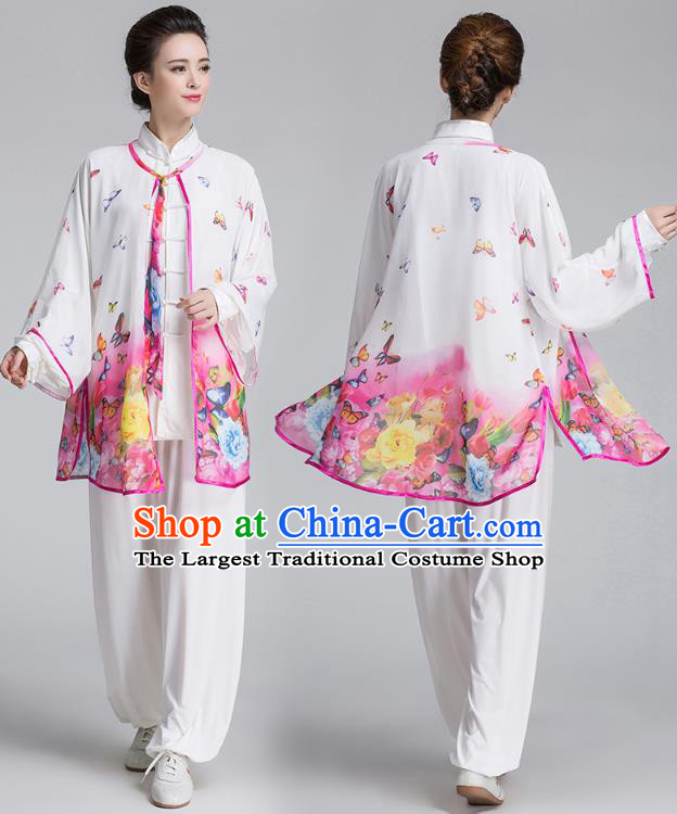 China Martial Arts Costume Traditional Kung Fu Printing Peony Pink Cape