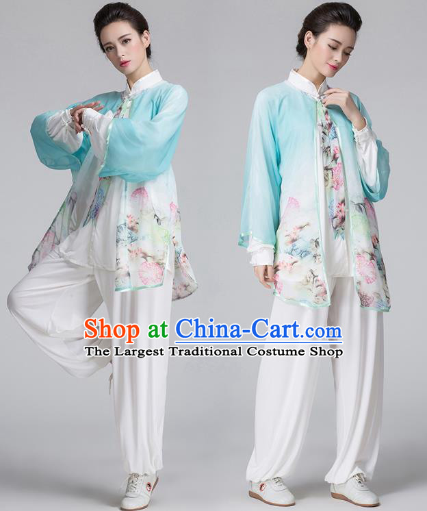 China Tai Chi Performance Costume Traditional Kung Fu Printing Flowers Light Blue Cape