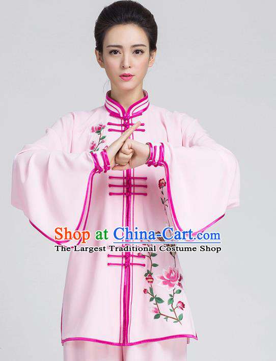 China Traditional Embroidered Flowers Pink Outfits Kung Fu Tai Chi Competition Costumes