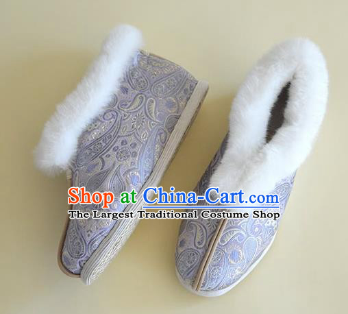 China National Winter Cotton Padded Shoes Hanfu Short Boots Traditional Lilac Brocade Shoes