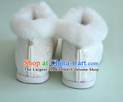China Traditional Hanfu White Brocade Short Boots National Winter Women Cotton Padded Shoes