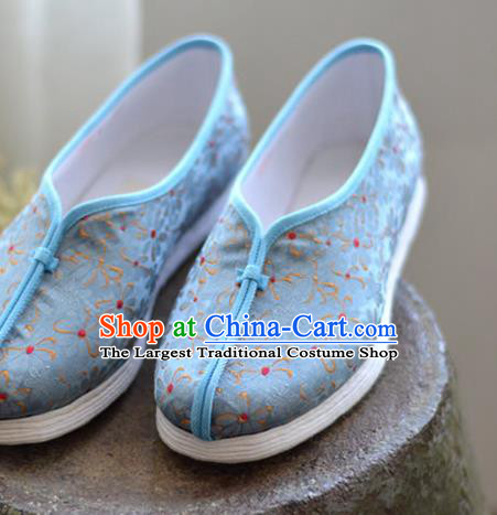 China Traditional Hanfu Shoes Blue Brocade Shoes National Women Cloth Shoes