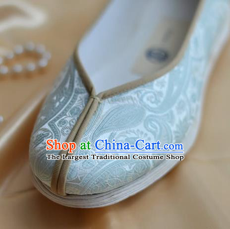 China Traditional Hanfu Light Blue Brocade Shoes Kung Fu Shoes National Shoes for Women