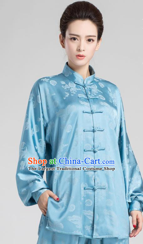 China Tai Chi Kung Fu Training Uniforms Traditional Martial Arts Blue Silk Clothing
