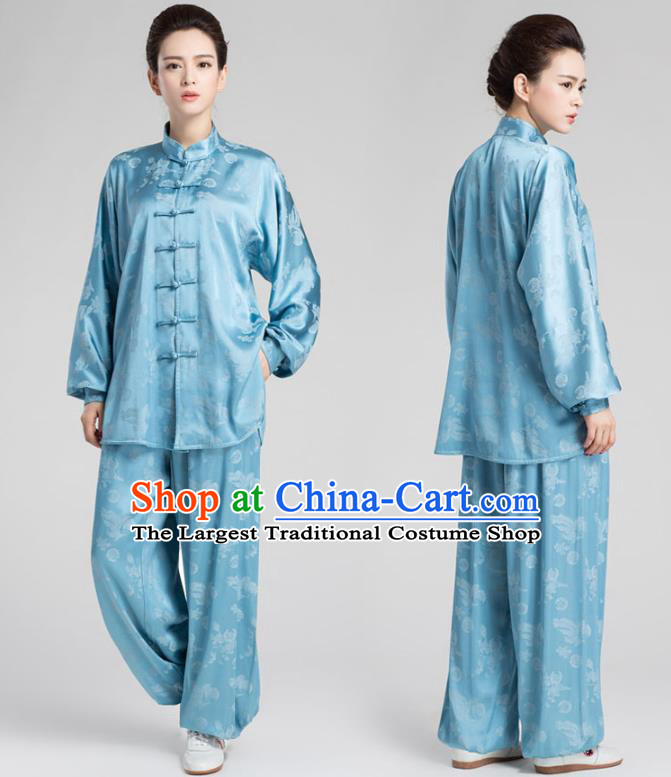 China Tai Chi Kung Fu Training Uniforms Traditional Martial Arts Blue Silk Clothing