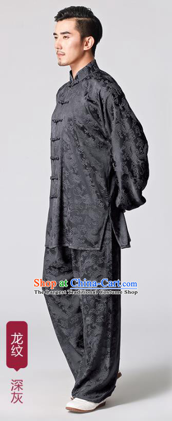 Chinese Kung Fu Uniforms Traditional Dragon Pattern Deep Grey Silk Costumes for Men