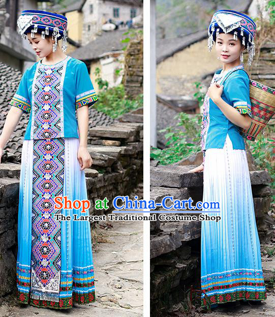 Chinese Ethnic Folk Dance Blue Dress Outfits Tujia Nationality Young Woman Clothing and Headwear