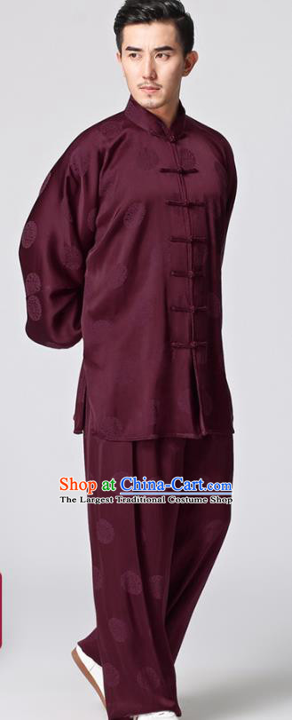Chinese Traditional Martial Arts Circle Pattern Costumes Tai Chi Kung Fu Wine Red Silk Uniforms