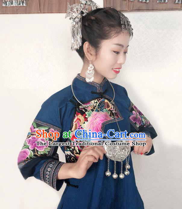 Chinese Hmong Nationality Folk Dance Dress Minority Stage Show Clothing Miao Ethnic Woman Costume and Hair Accessories