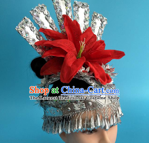 China Miao Ethnic Folk Dance Headwear Traditional Hmong Nationality Minority Silver Phoenix Coronet