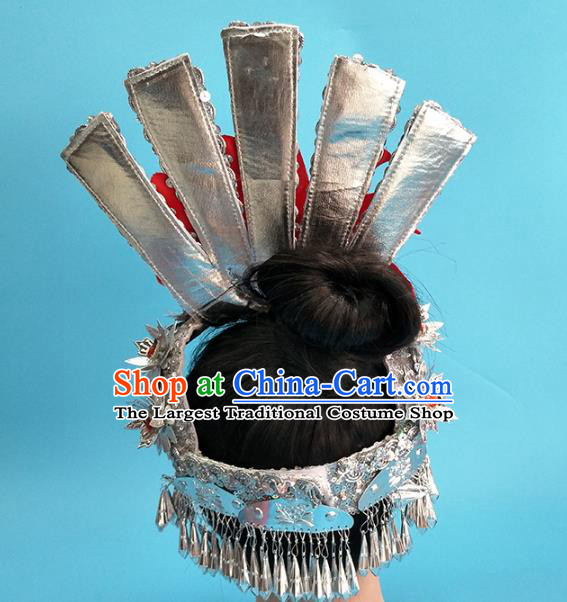 China Miao Ethnic Folk Dance Headwear Traditional Hmong Nationality Minority Silver Phoenix Coronet