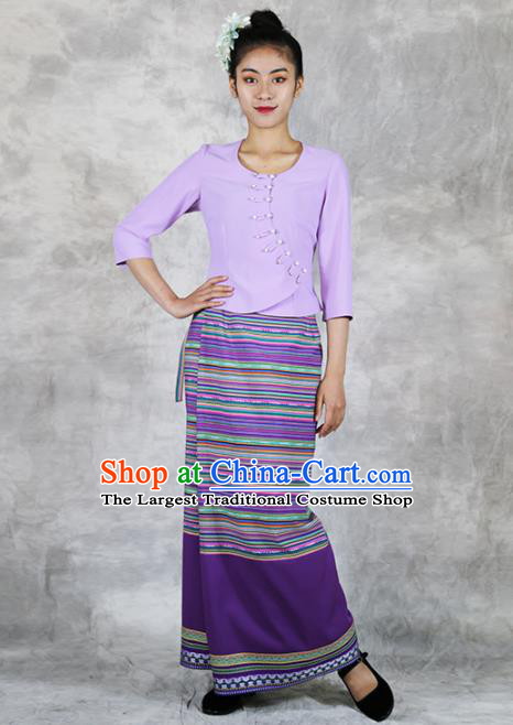 Chinese Dai Nationality Purple Outfits Minority Folk Dance Dress Clothing Yunnan Ethnic Woman Costume