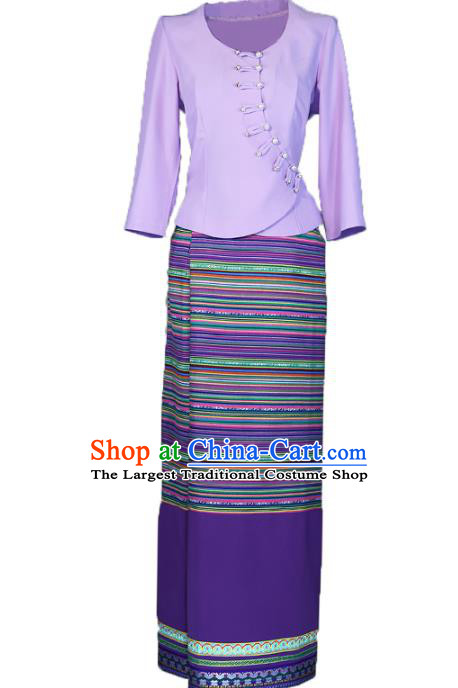 Chinese Dai Nationality Purple Outfits Minority Folk Dance Dress Clothing Yunnan Ethnic Woman Costume
