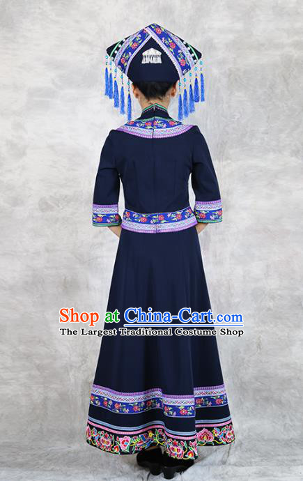 Chinese Zhuang Minority Informal Clothing Nationality Woman Black Dress Outfits Ethnic Folk Dance Costume and Headwear