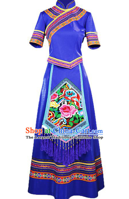 Chinese Ethnic Folk Dance Costume Zhuang Minority Informal Clothing Nationality Woman Royalblue Dress Outfits and Headwear