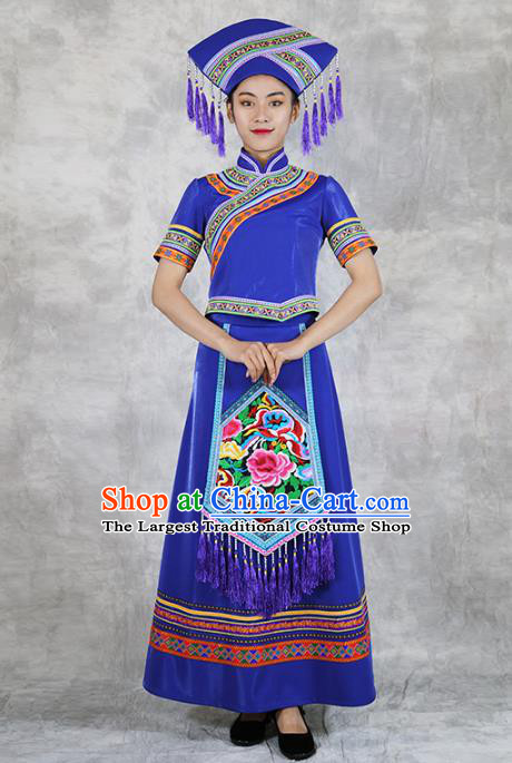 Chinese Ethnic Folk Dance Costume Zhuang Minority Informal Clothing Nationality Woman Royalblue Dress Outfits and Headwear