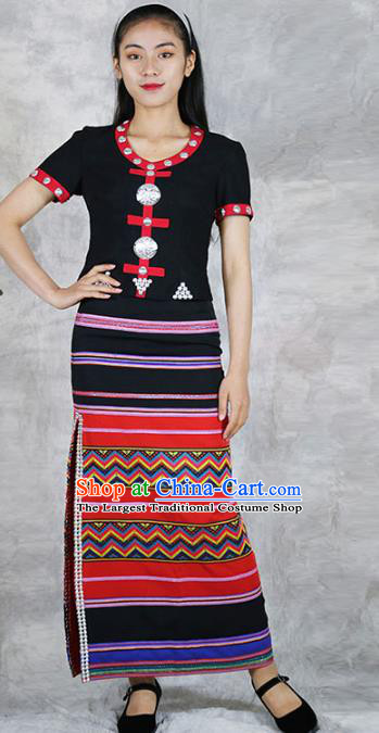 Chinese Yunnan Minority Clothing Wa Nationality Black Dress Outfits Yunnan Ethnic Woman Informal Costume