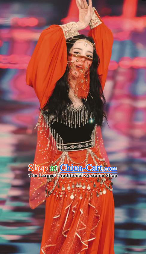 Chinese Xinjiang Ethnic Nationality Woman Dress Costume Uyghur Minority Folk Dance Red Outfits Clothing