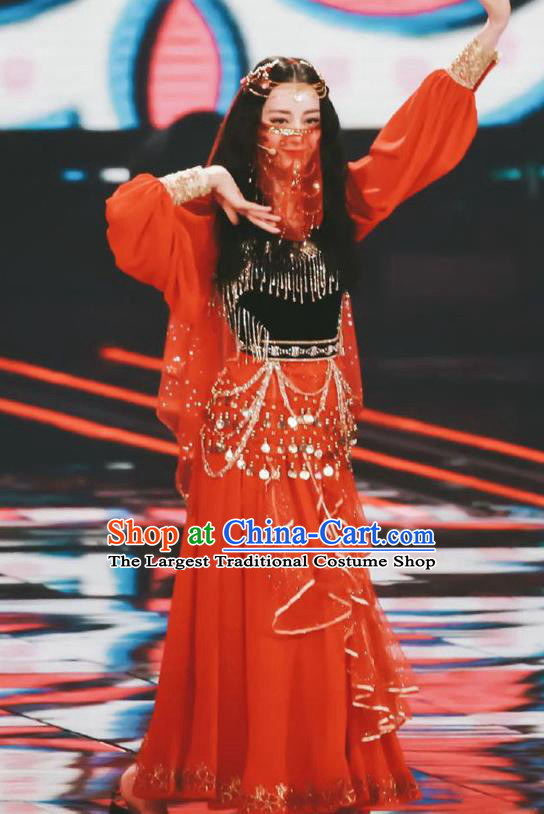 Chinese Xinjiang Ethnic Nationality Woman Dress Costume Uyghur Minority Folk Dance Red Outfits Clothing