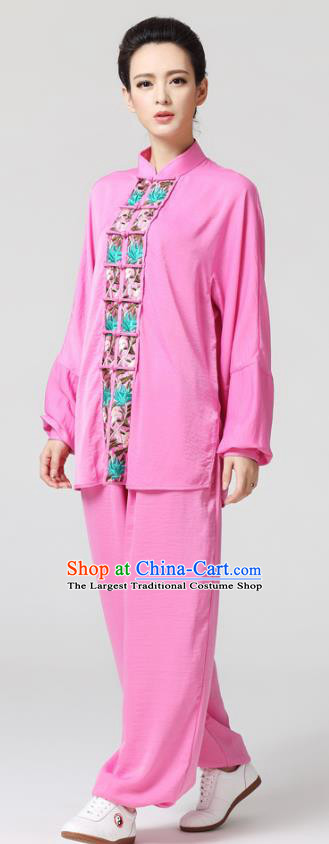 China Tai Chi Chuan Competition Embroidered Uniforms Traditional Martial Arts Pink Flax Clothing