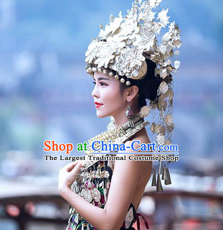 China Traditional Miao Nationality Wedding Silver Bells Hat Hmong Bride Phoenix Coronet Headwear