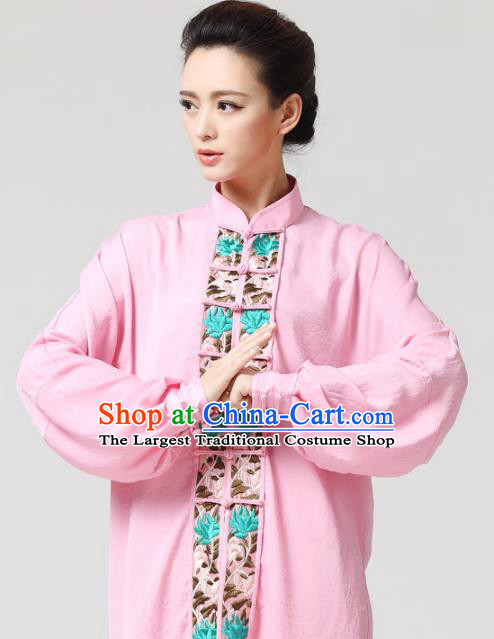 China Tai Chi Competition Pink Flax Uniforms Traditional Martial Arts Embroidered Clothing