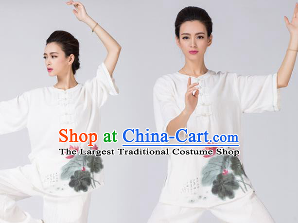 China Tai Chi Ink Painting Lotus Uniforms Traditional Martial Arts White Flax Clothing